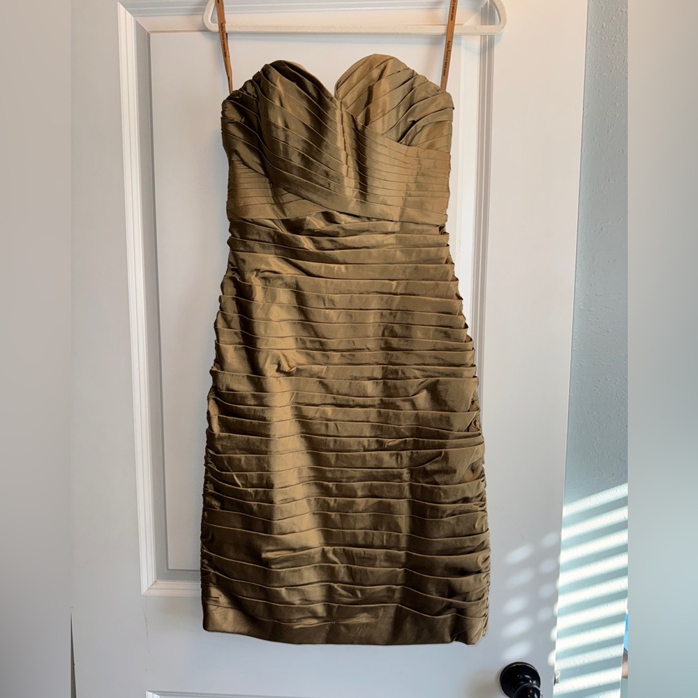 Strapless Gold Ruched Bodycon Dress - Picture 2 of 12